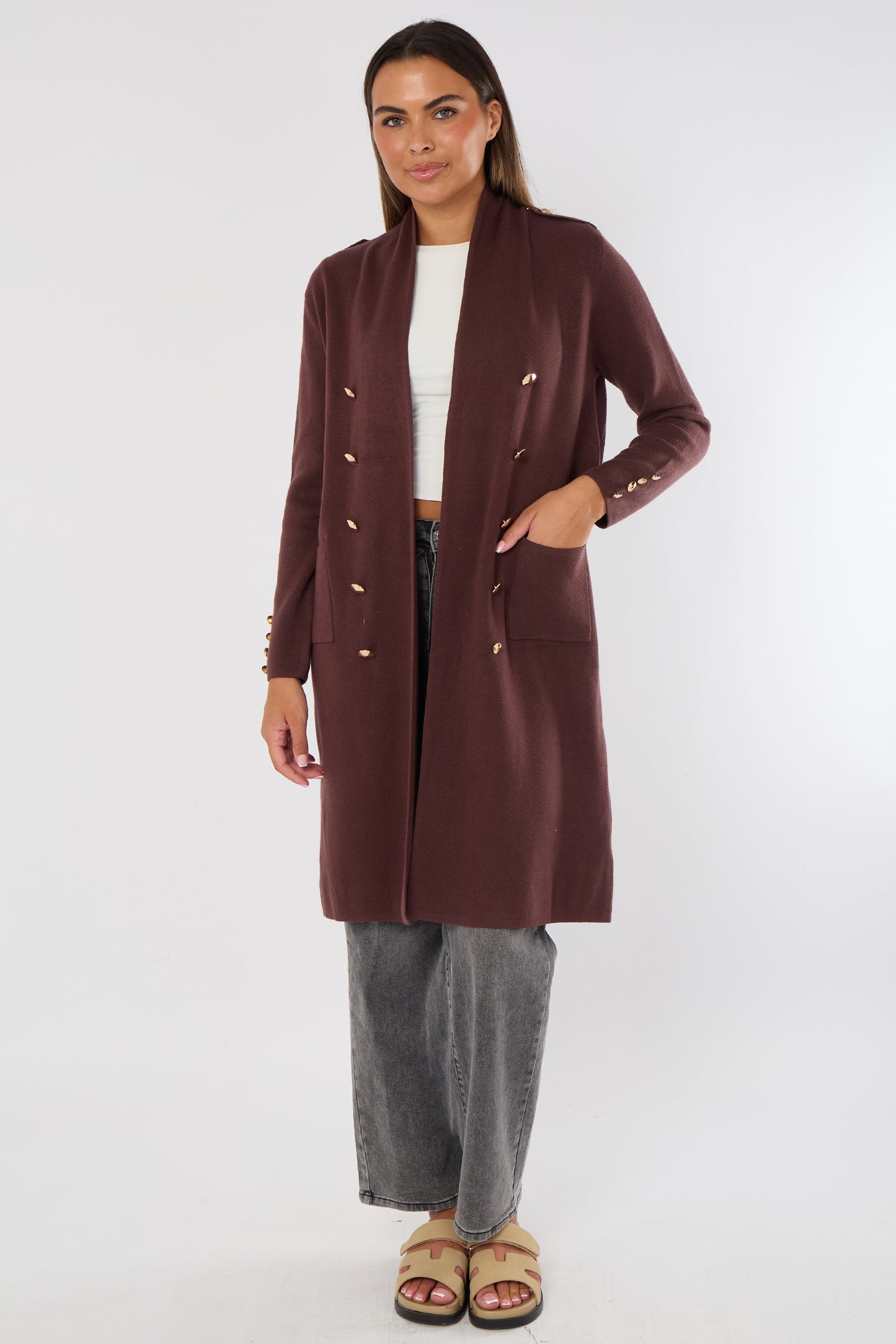 GOLD BUTTON 2 POCKET LONG CARDIGAN