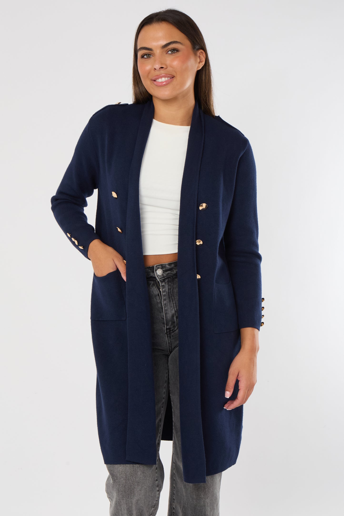 GOLD BUTTON 2 POCKET LONG CARDIGAN
