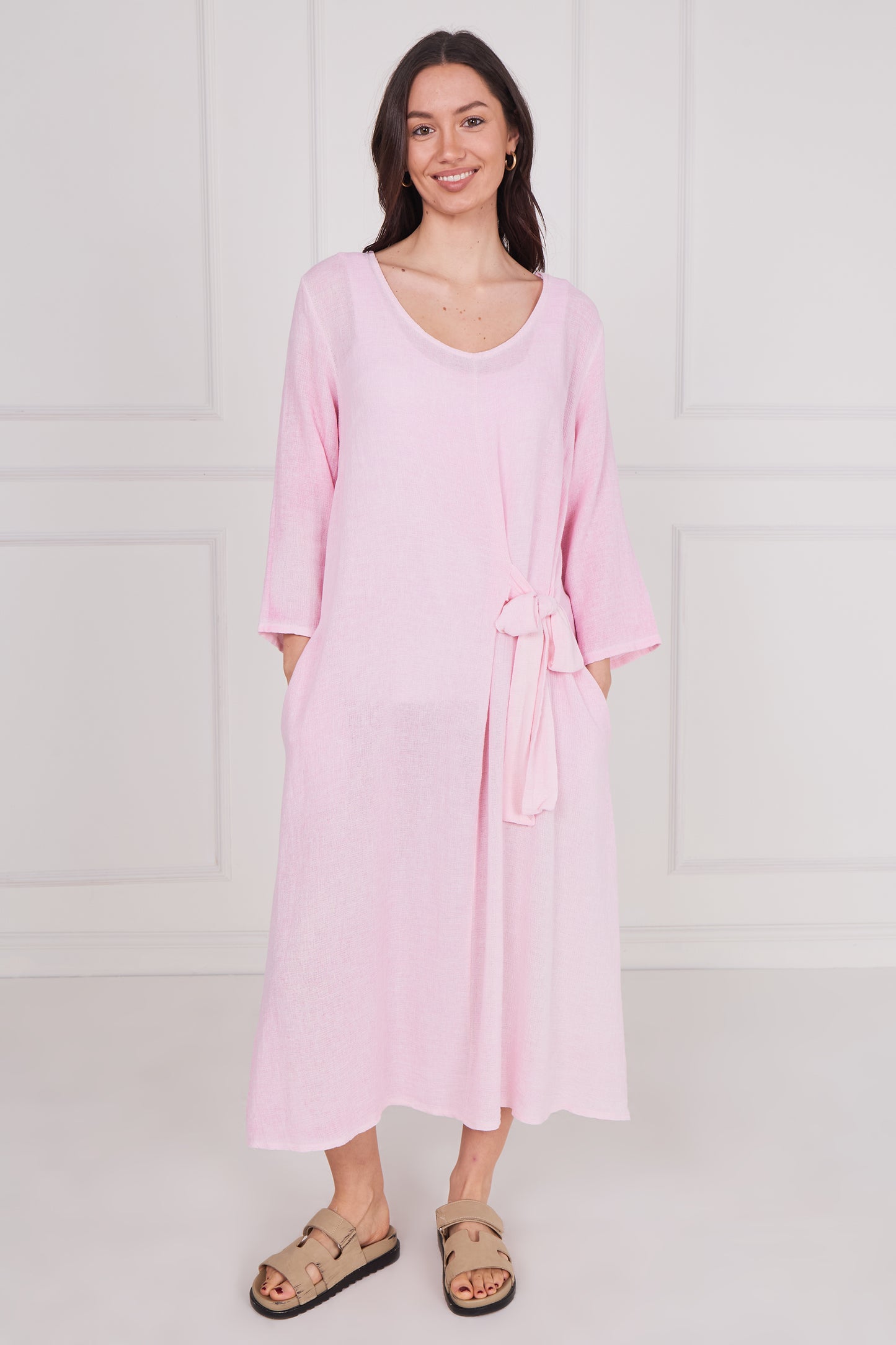 WASHED LINEN LONG SLEEVE TIE DRESS
