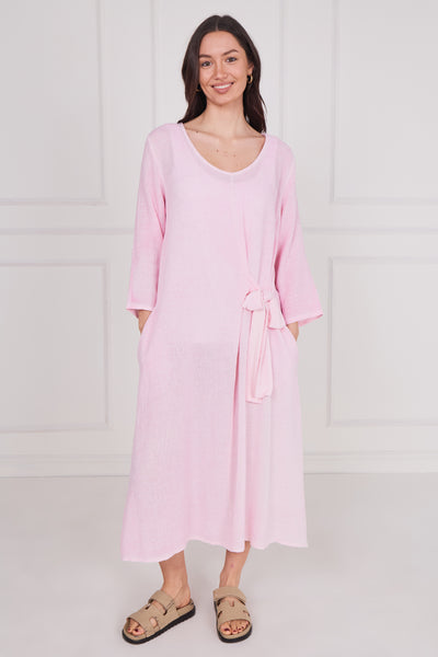 WASHED LINEN LONG SLEEVE TIE DRESS