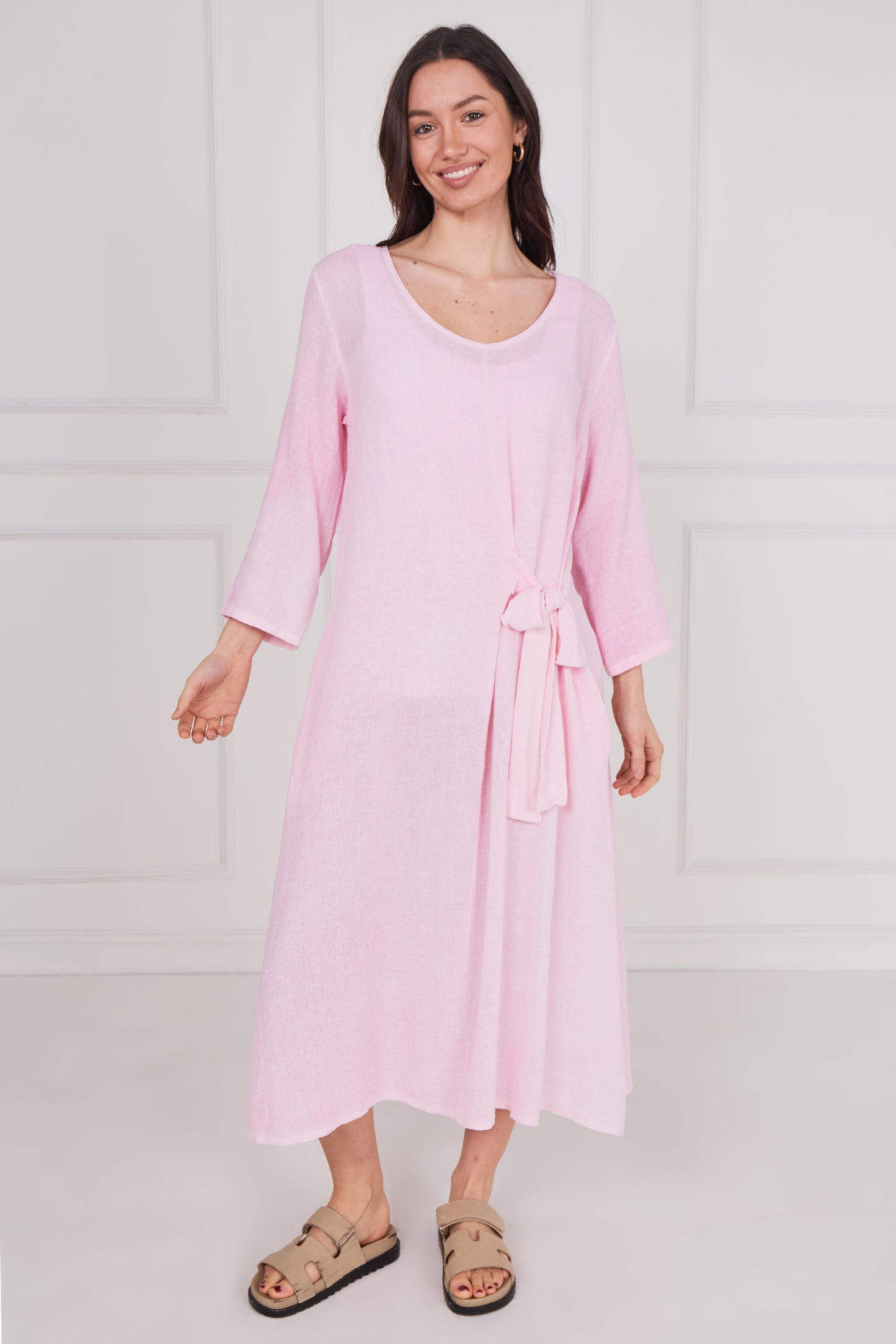 WASHED LINEN LONG SLEEVE TIE DRESS