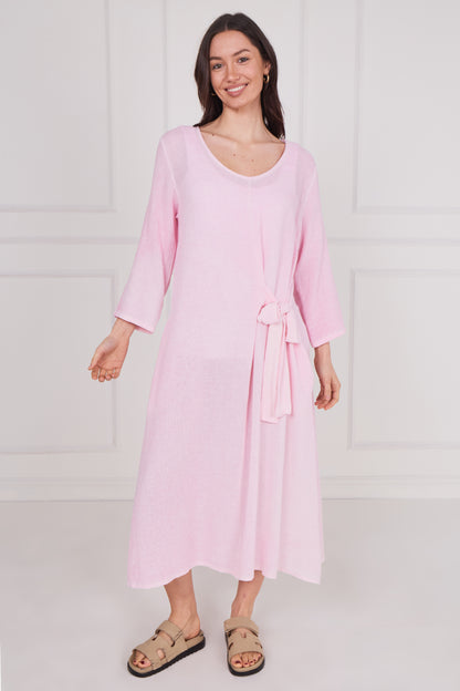 WASHED LINEN LONG SLEEVE TIE DRESS