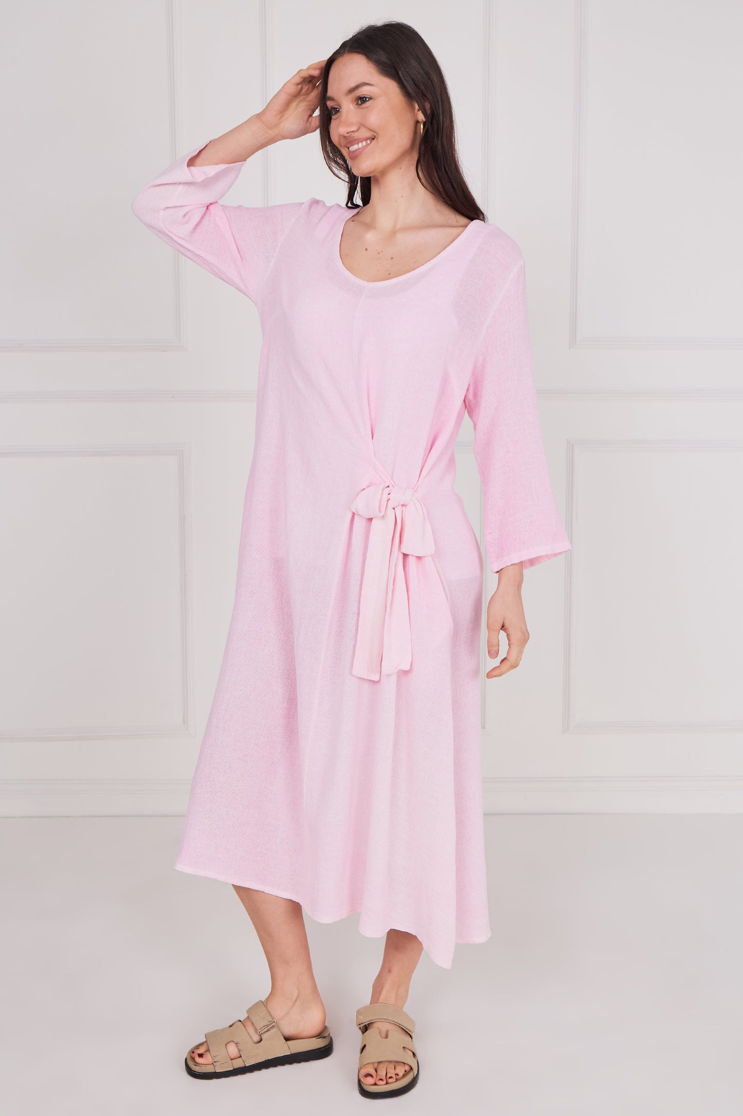 WASHED LINEN LONG SLEEVE TIE DRESS
