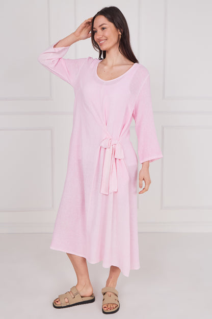 WASHED LINEN LONG SLEEVE TIE DRESS