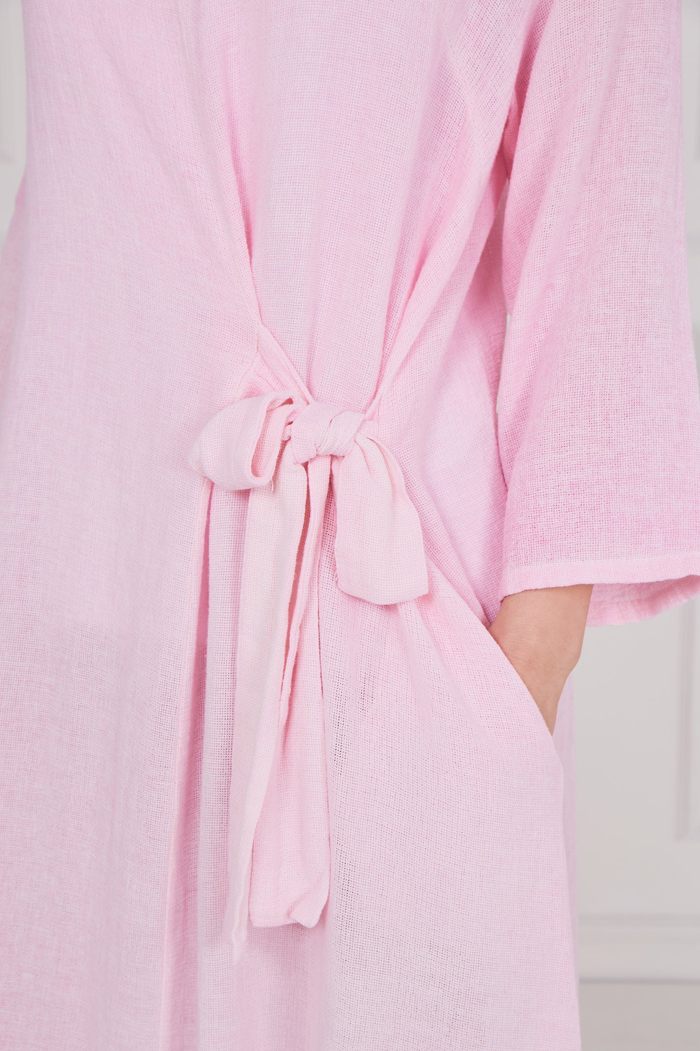 WASHED LINEN LONG SLEEVE TIE DRESS