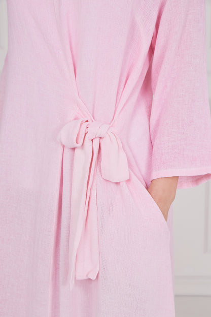 WASHED LINEN LONG SLEEVE TIE DRESS