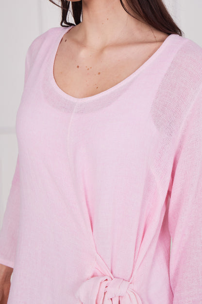 WASHED LINEN LONG SLEEVE TIE DRESS