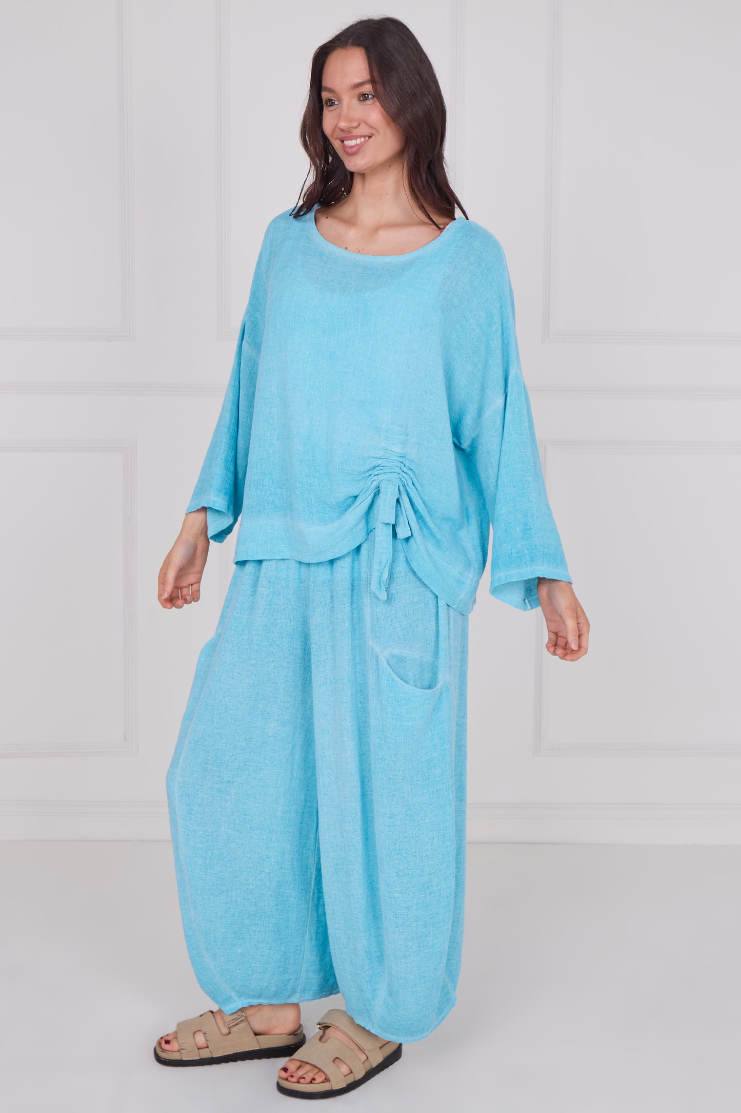 WASHED LINEN RUCHED TIE TOP