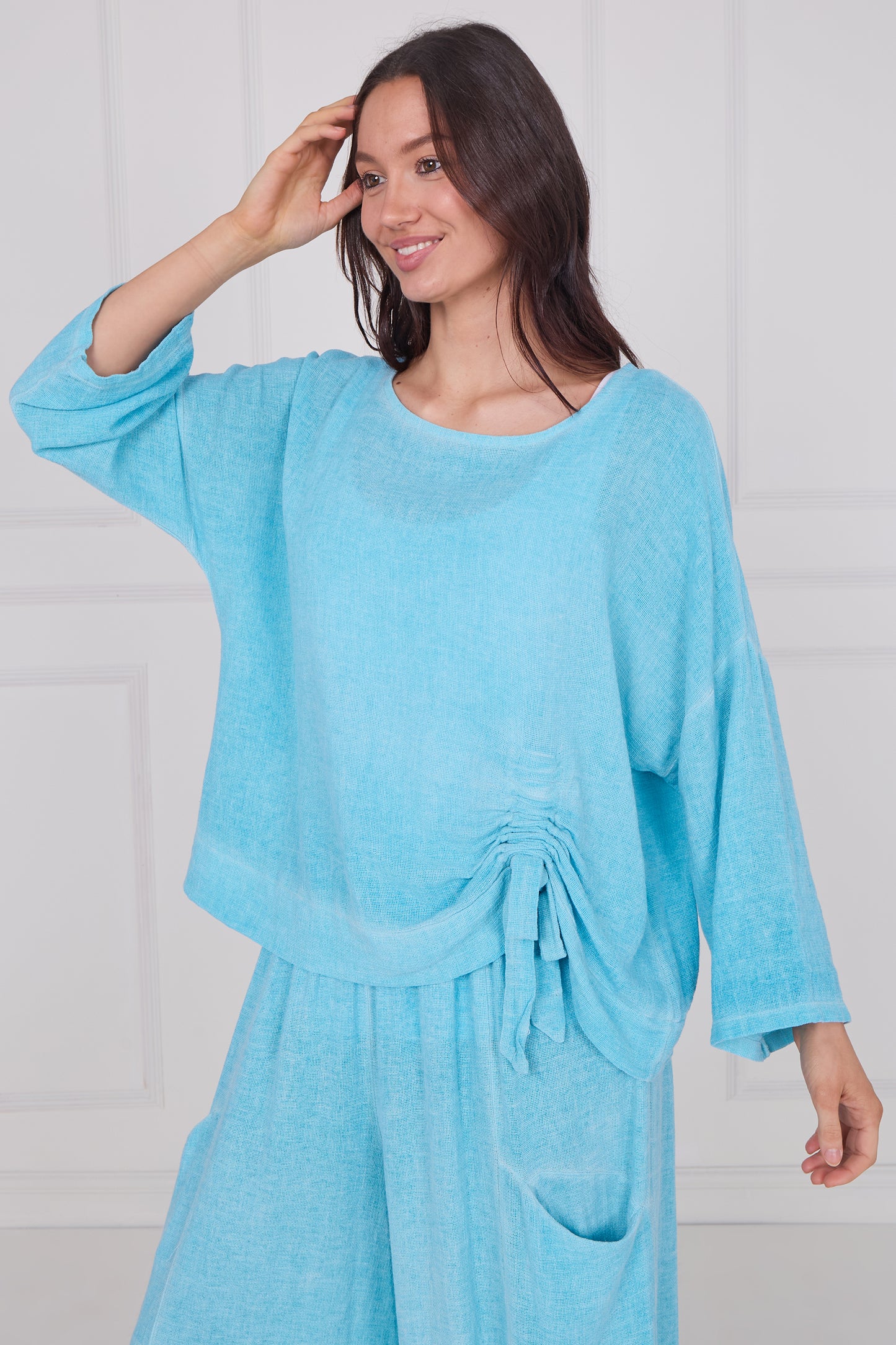 WASHED LINEN RUCHED TIE TOP