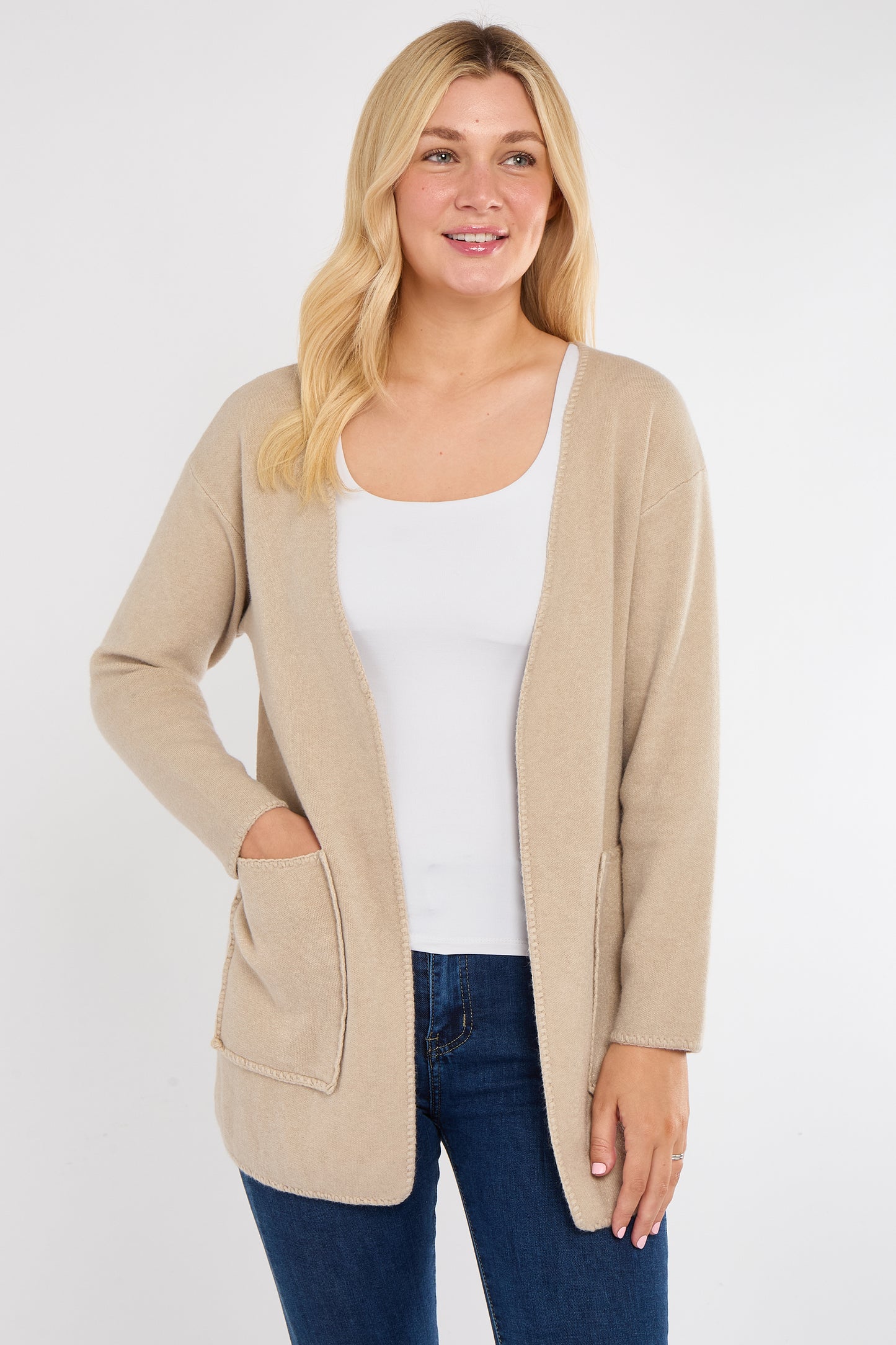 BLANKET STITCH TWO POCKET CARDIGAN