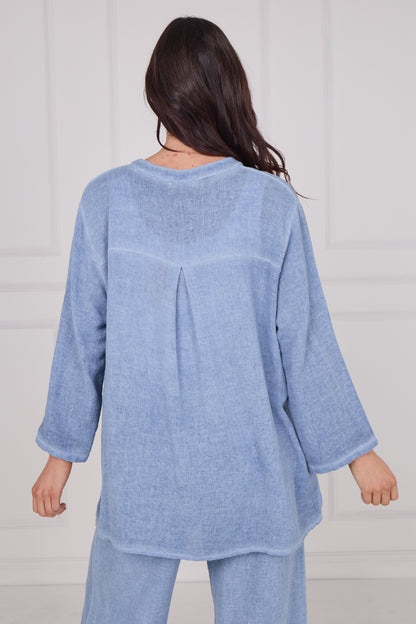 WASHED LINEN LONG SLEEVE V-NECK TOP