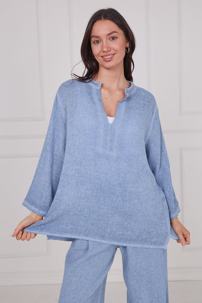 WASHED LINEN LONG SLEEVE V-NECK TOP