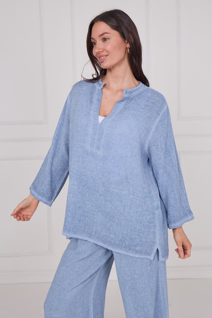 WASHED LINEN LONG SLEEVE V-NECK TOP
