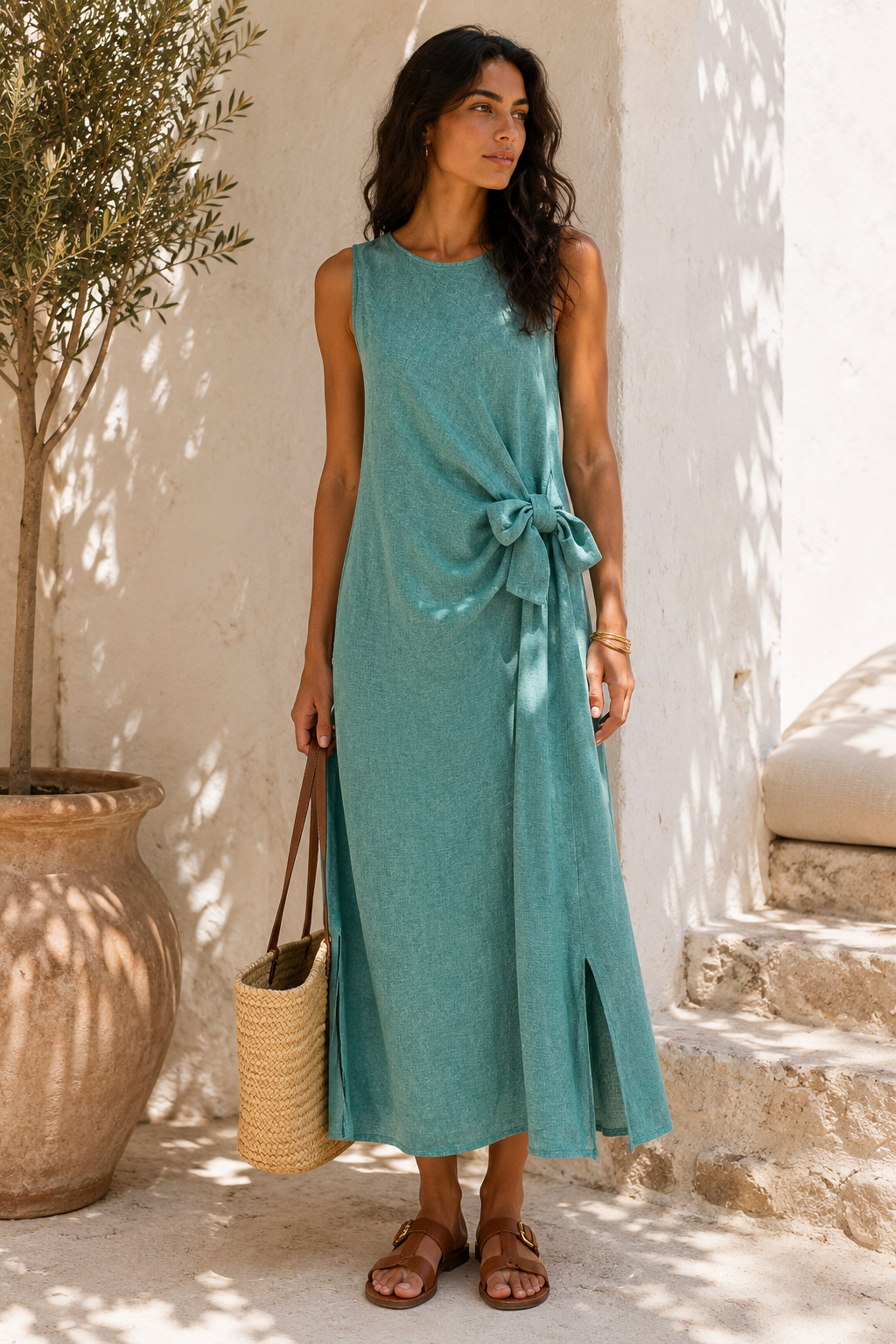 WASHED LINEN SLEEVELESS TIE DRESS