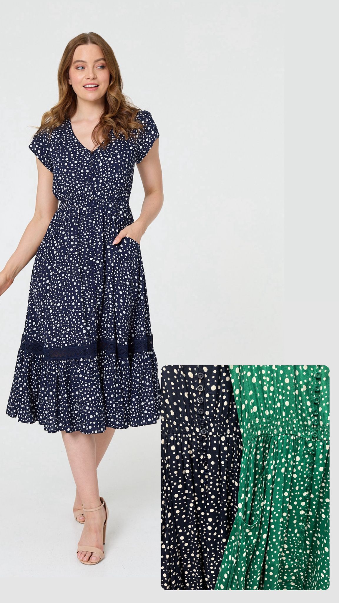 POLKA DOT LACE CAP SLEEVE MIDI DRESS [PK-6]