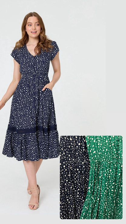 POLKA DOT LACE CAP SLEEVE MIDI DRESS [PK-6]