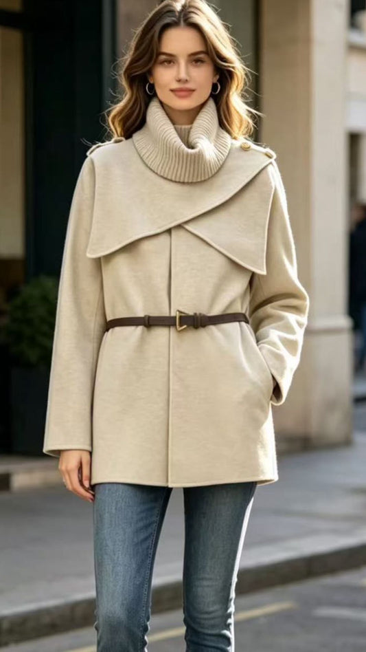 RIBBED COWL NECK BELTED CAPE TUNIC