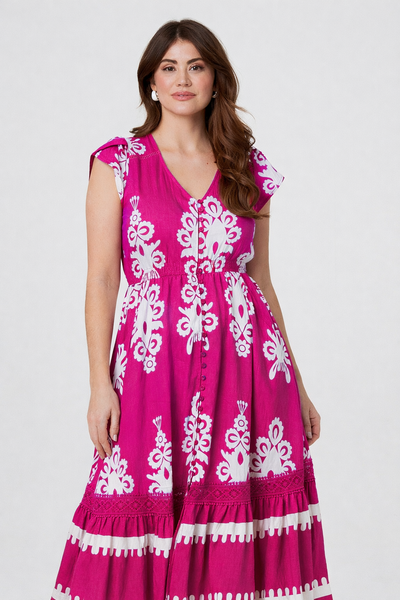 PRINTED LACE TRIM CAP SLEEVE MIDI DRESS IN PINK [PK-8]