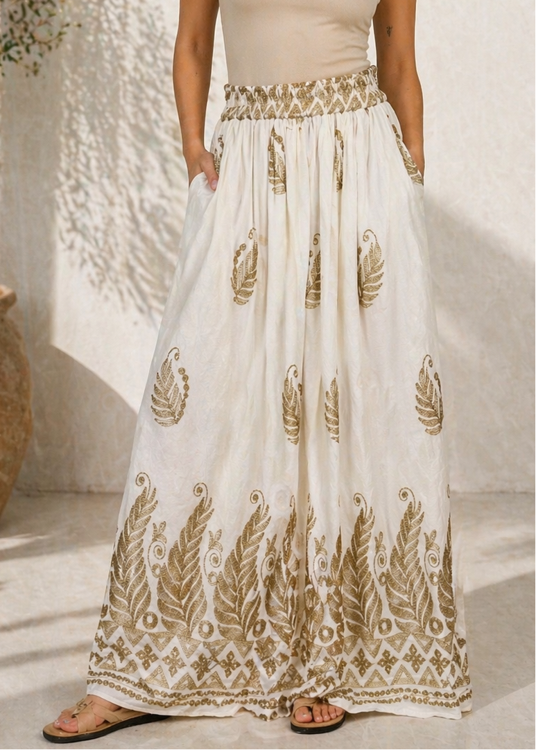 GOLD EMBROIDERED LEAF GEOMETRIC PRINT SKIRT