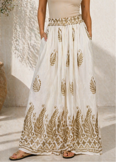 GOLD EMBROIDERED LEAF GEOMETRIC PRINT SKIRT