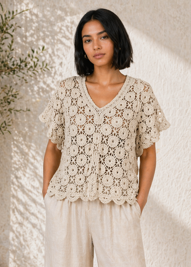 V-NECK ANGLAISE CROCHET BATWING TOP