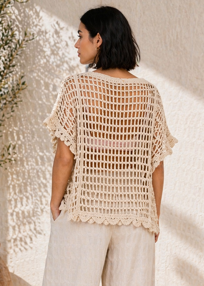 V-NECK ANGLAISE CROCHET BATWING TOP