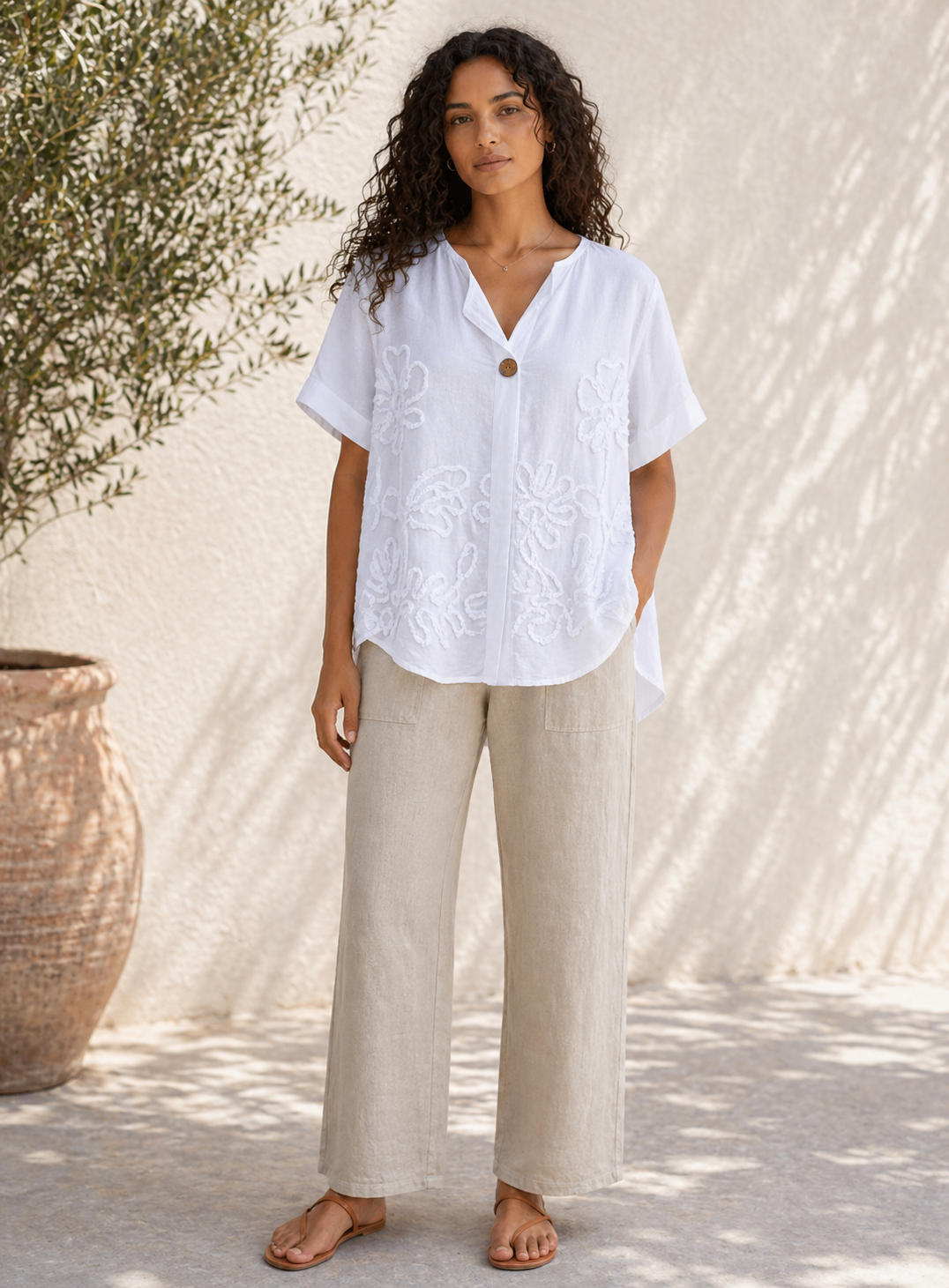 EMBOSSED FLORAL BUTTON COTTON TOP