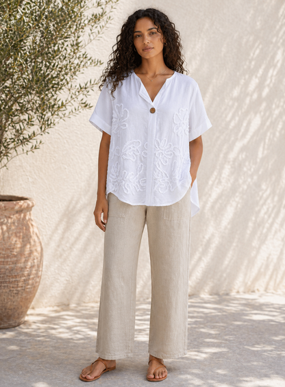 EMBOSSED FLORAL BUTTON COTTON TOP