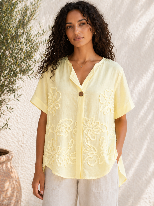 EMBOSSED FLORAL BUTTON COTTON TOP