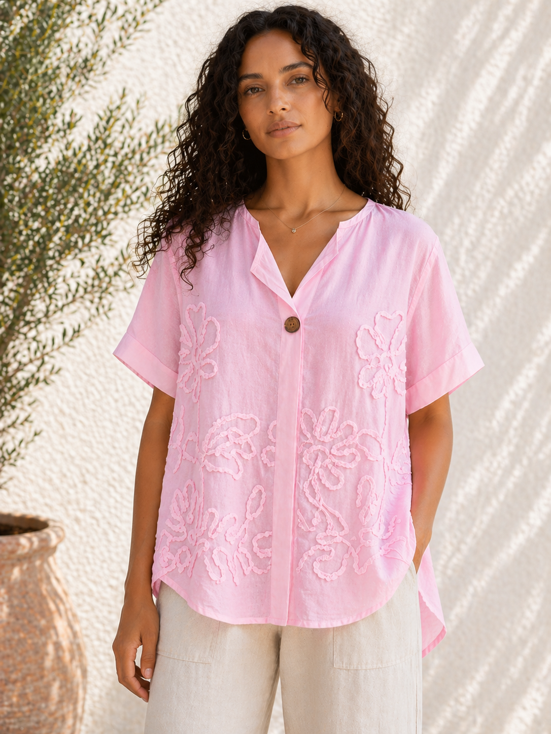 EMBOSSED FLORAL BUTTON COTTON TOP