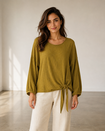 CRINKLE SIDE TIE BALLOON SLEEVE TOP