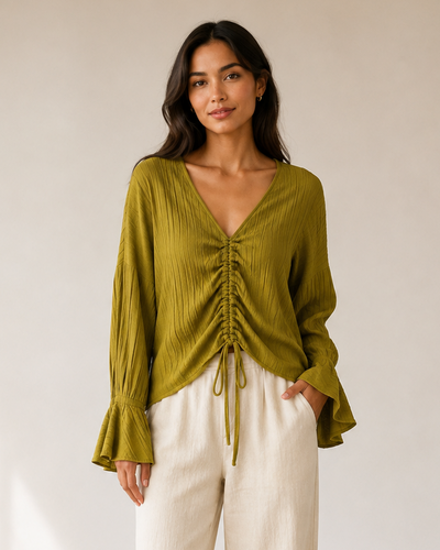 CRINKLE DRAWSTRING BELL SLEEVE TOP