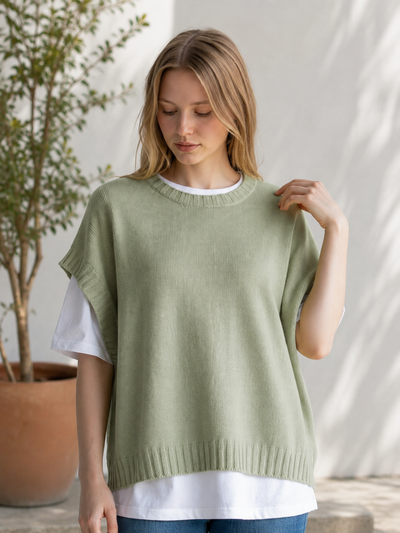 RIBBED EDGED CREW NECK CAPE SLEEVE JUMPER