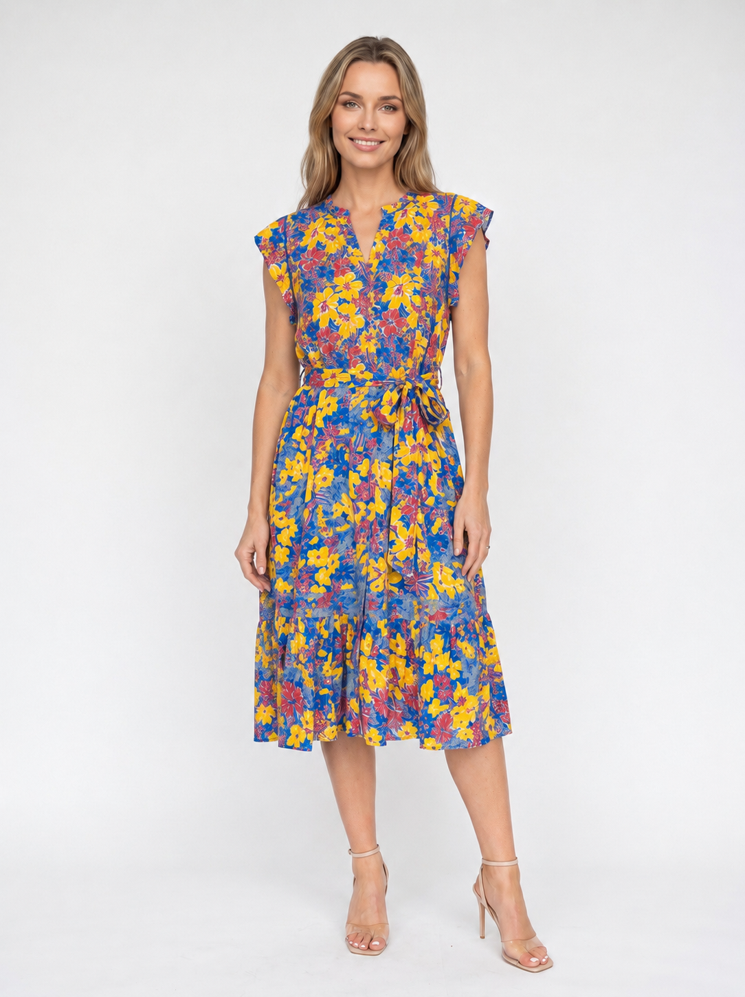 FLORAL CAP SLEEVE TIE WAIST MIDI DRESS [PK-8]
