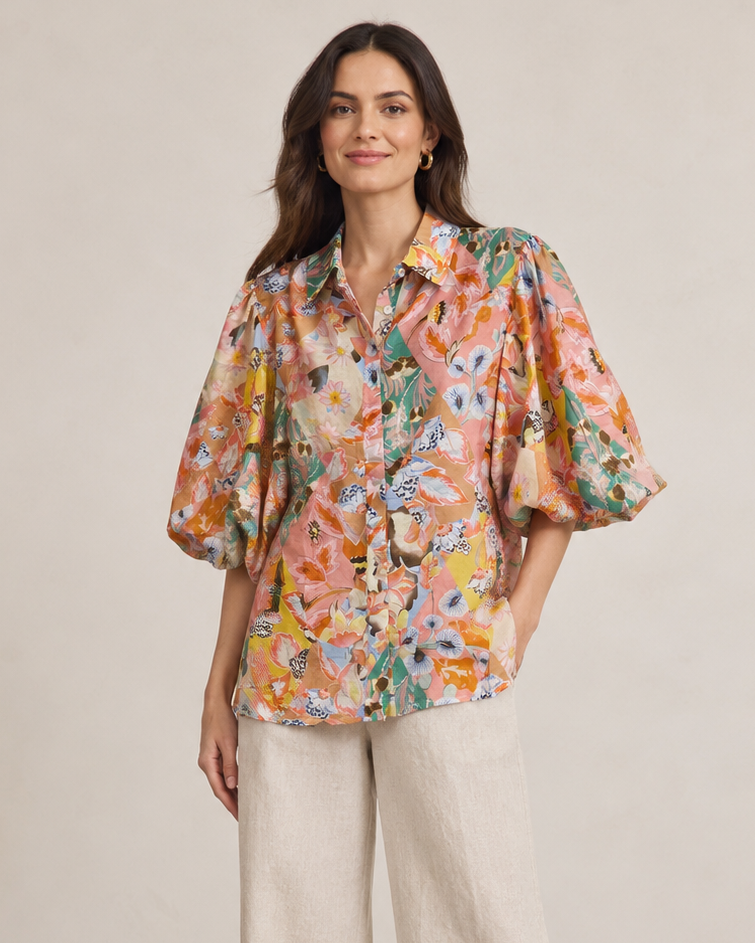 ABSTRACT RELAXED 1/2 PUFF SLEEVE SHIRT [PK-8]