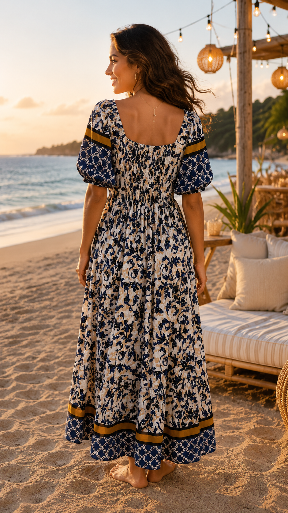 BORDER PRINT PUFF SLEEVE DRESS [PK-8]