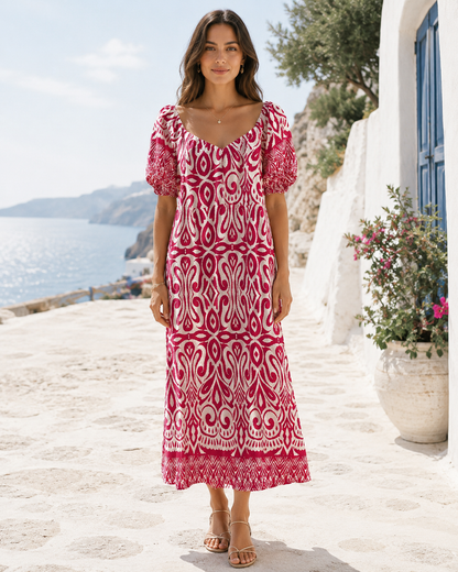 ABSTRACT BARDOT PUFF SLEEVE MAXI DRESS [PK-8]