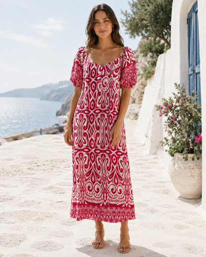 ABSTRACT BARDOT PUFF SLEEVE MAXI DRESS [PK-8]