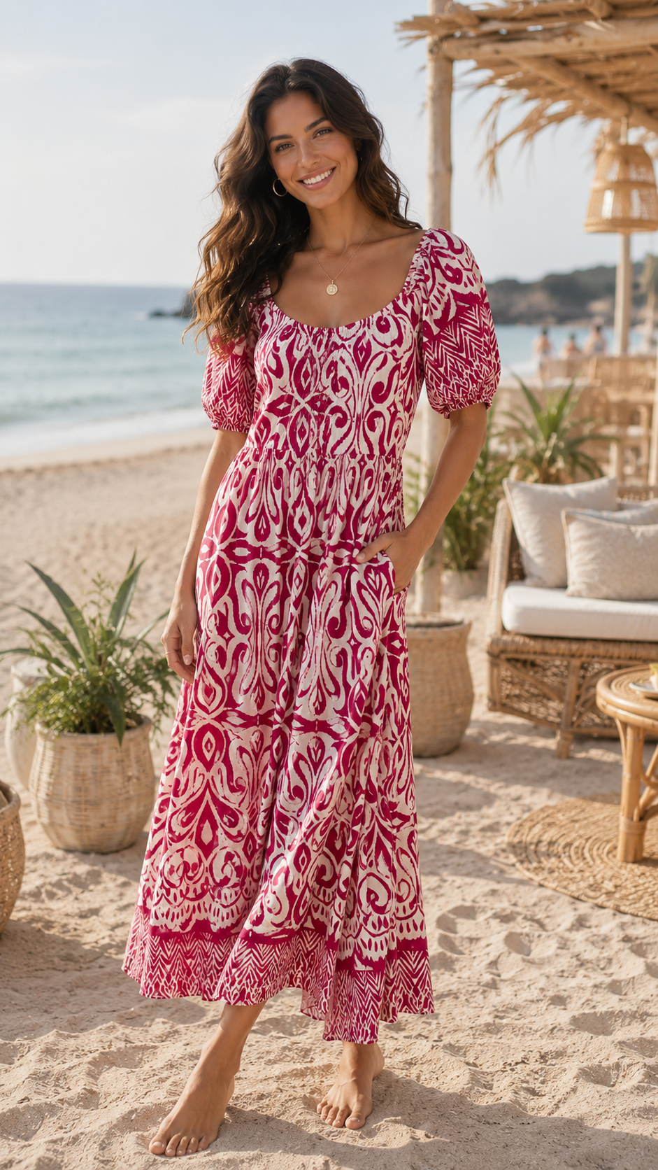 ABSTRACT BARDOT PUFF SLEEVE MAXI DRESS [PK-8]