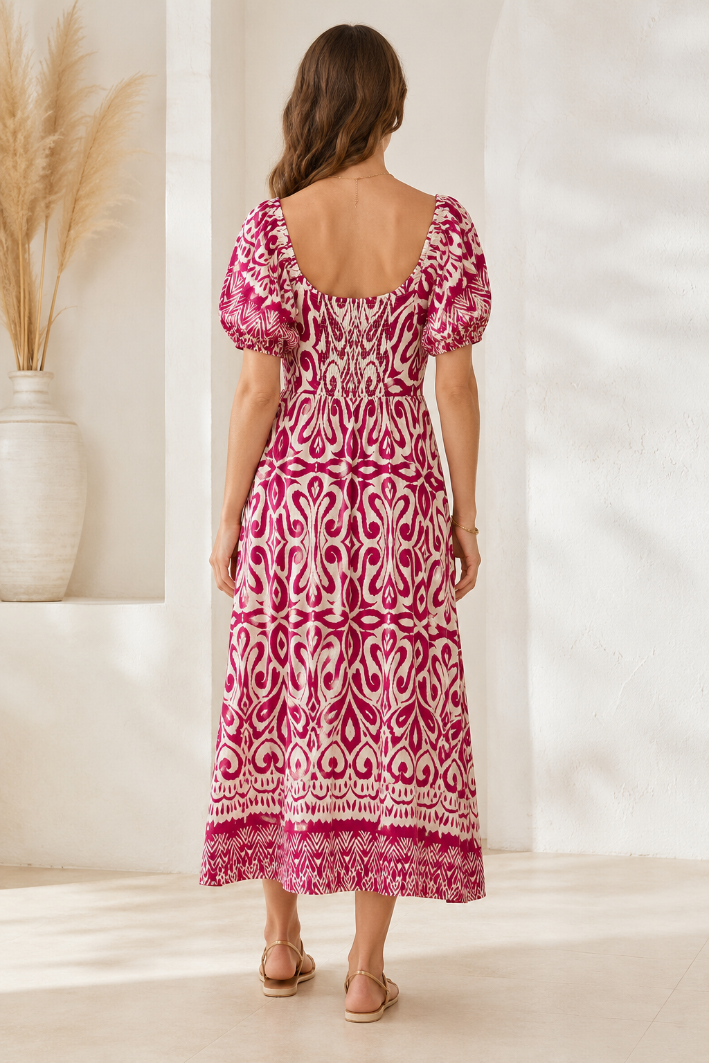 ABSTRACT BARDOT PUFF SLEEVE MAXI DRESS [PK-8]