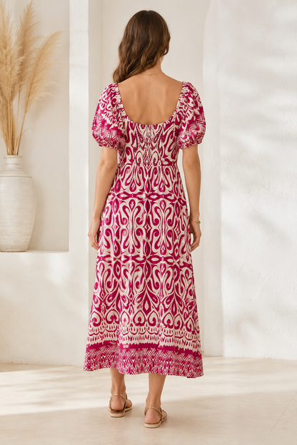 ABSTRACT BARDOT PUFF SLEEVE MAXI DRESS [PK-8]