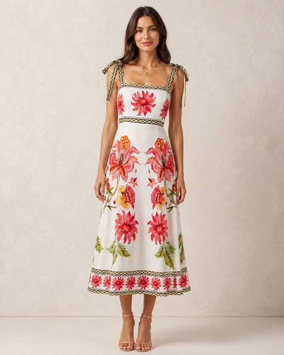 FLORAL A-LINE TIE STRAP MAXI DRESS [PK-8]