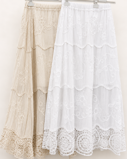 EMBROIDERED LACE MIDI SKIRT