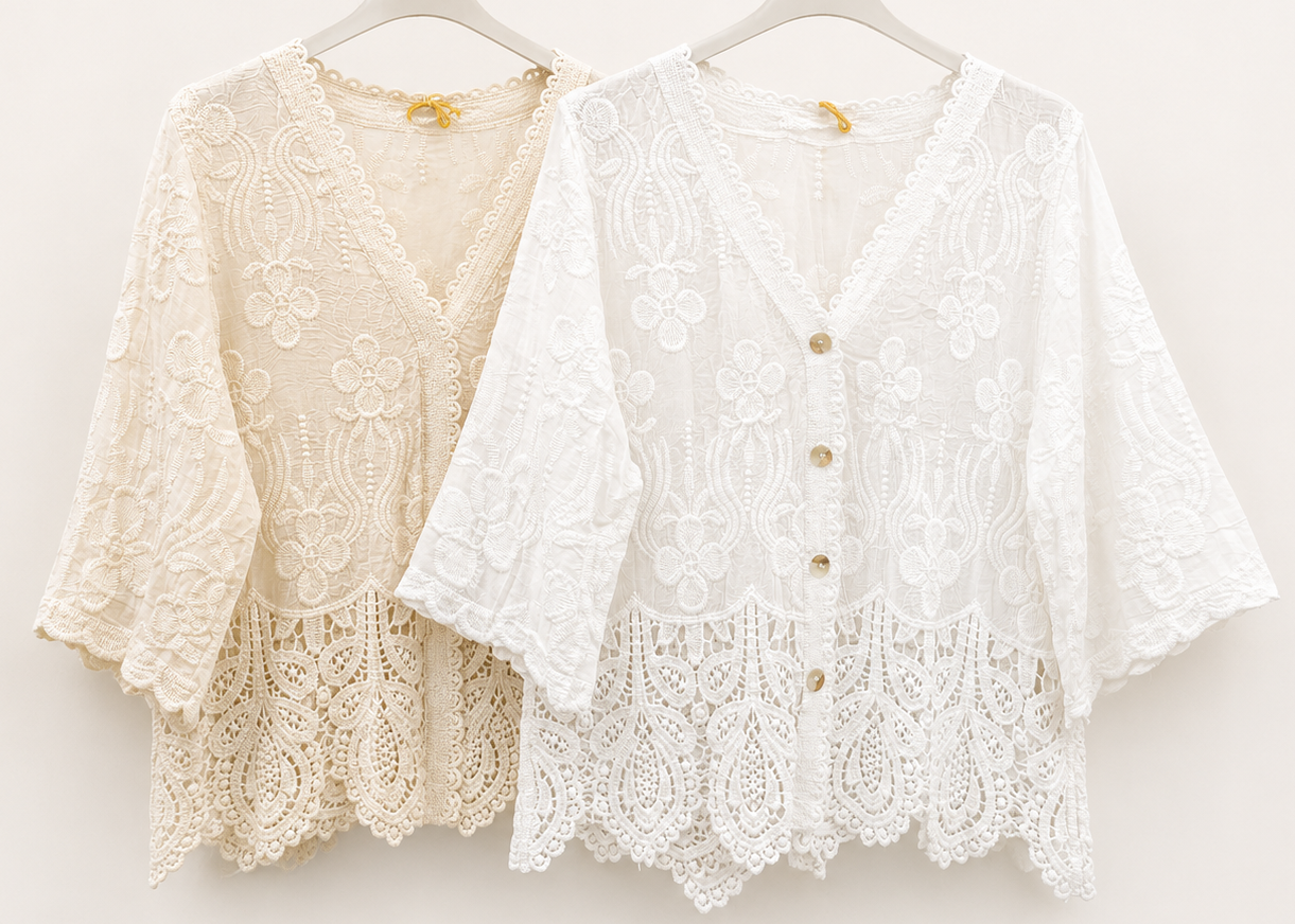 BUTTON THROUGH EMBROIDERED TOP WITH LACE BOTTOM