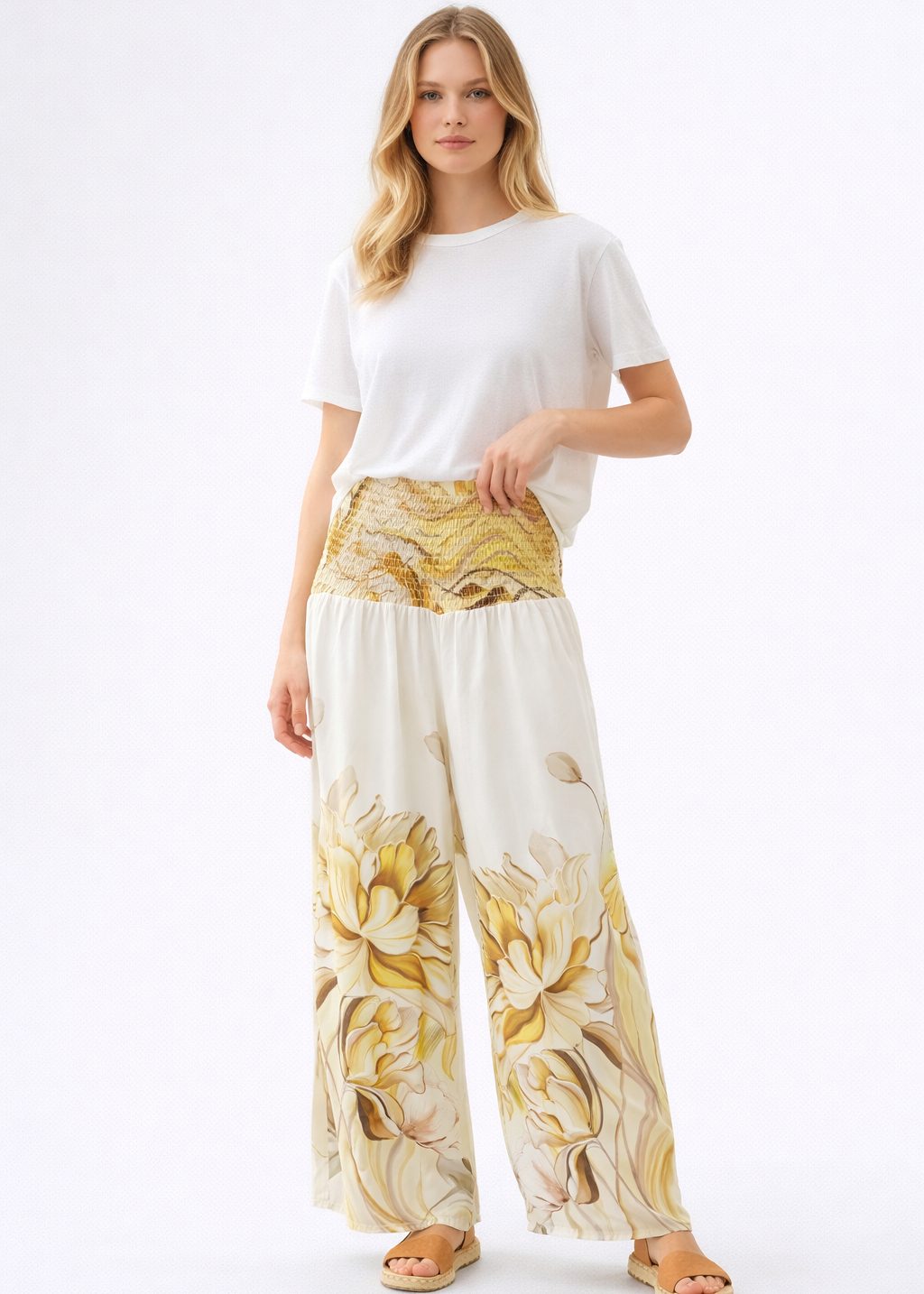 ELASTICATED WAIST FLORAL TROUSERS