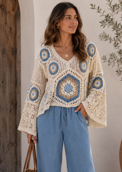 MULTI COLOUR CROCHET WITH BELL SLEEVES