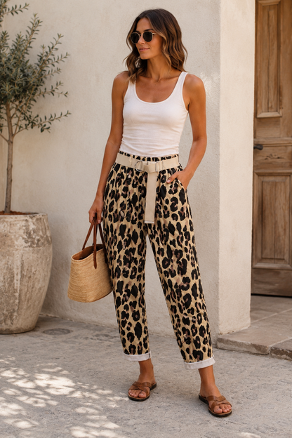 METALLIC LEOPARD BELT TROUSERS