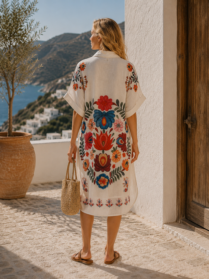 LINEN BLEND MULTI FLORAL SHIRT DRESS