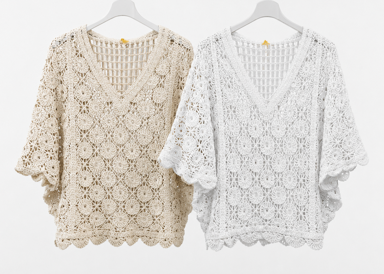 V-NECK ANGLAISE CROCHET BATWING TOP