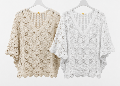 V-NECK ANGLAISE CROCHET BATWING TOP